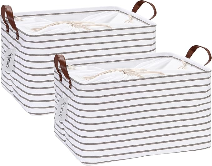 Hinwo 2-Pack Large Canvas Fabric Storage Baskets with Handles, 31L Rectangle Storage Bins, Collapsible Storage Box, Clothes, Toys, Blankets Organizers, 16.5 x 11.8 x 9.8 inches, (Grey Stripe)