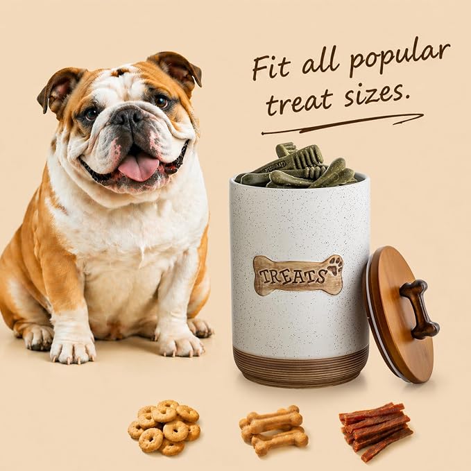 Miamolo Airtight Dog Treat Jar with Lid, Dog Treat Container for Countertop | Ceramic 8 Cups, Easy to Open | Small Dog Food Storage Canister, Farmhouse Dog Biscuit Jar Dog Lovers Gift | Bone Dotted White