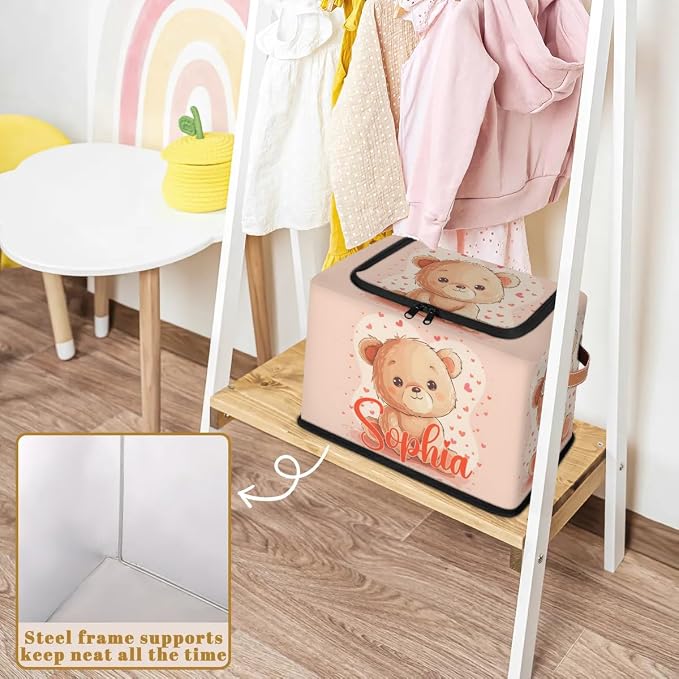 Custom Cute Bear Storage-Bin With Zipper Lid for Kids-Girls-Boys-Baby-Pet,Personalized Name Foldable Storage Box with Handle,Baby Basket With Label for Bedroom Nursery Toy Clothes,Pink