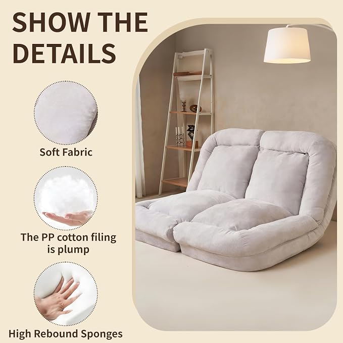 Convertible Fold-Out Lazy Sofa Bed - Adjustable Human Dog Bed for Adults, Plush Upholstered Adjustable Sofa Couch with 18-Position Backrest, 2-Person Floor Sofa Bed, Space Saving Design (Double)