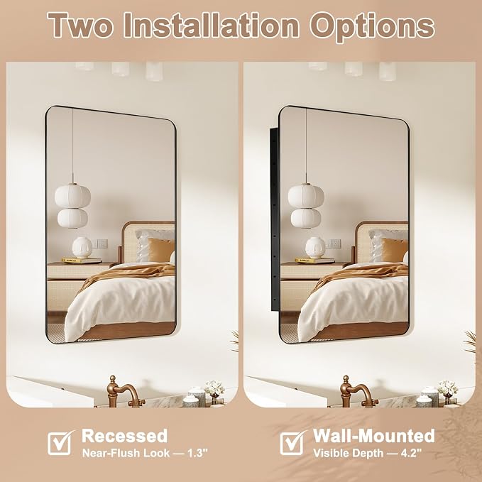 20x28 in Bathroom Medicine Cabinet with Mirror, Matte Black | Fully Assembled; Recessed or Surface Wall Mount; Metal Cabinet with Tempered Glass Mirror and Two Adjustable Glass Shelves