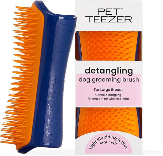 Pet Teezer Detangling Dog Grooming Brush, Dog Bath Brush for Long Haired Breeds and Wet or Dry Fur, Large, Navy & Orange