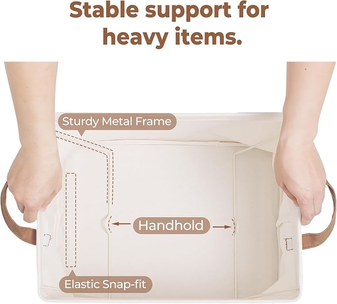 StorageWorks Storage Basket for Shelves, Storage Bins, Natural, 2-Pack | Large, With Reinforced PU Handles, Metal Frame, Sturdy Structure, Collapsible, Holds Clothes, Towels, Blankets