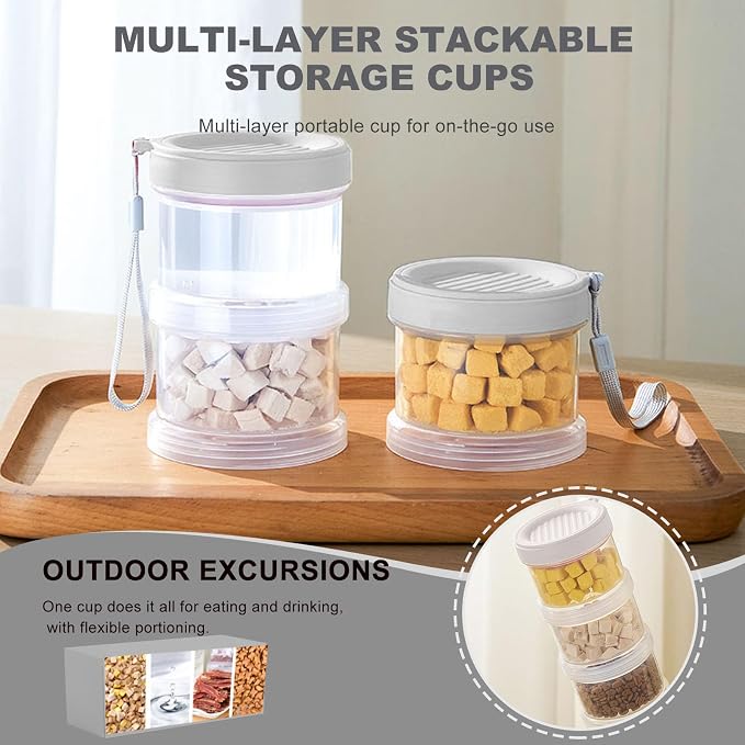 2025 Upgraded Airtight Dog Treat Container, Leak-Proof Stackable Pet Food Jar 2/3/4 Layers, Portable with Lanyard for Outdoor, Travel, Training & Home, Food-Grade PP (White)
