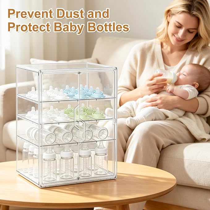 ERTIUANIO Baby Bottle Organizer for Countertop Cabinet Storage | 4 Tier Adjustable Clear Acrylic Station Container with 3 Removable Dividers for Vanity, Bathroom, Nursery, Gifts for New Mom