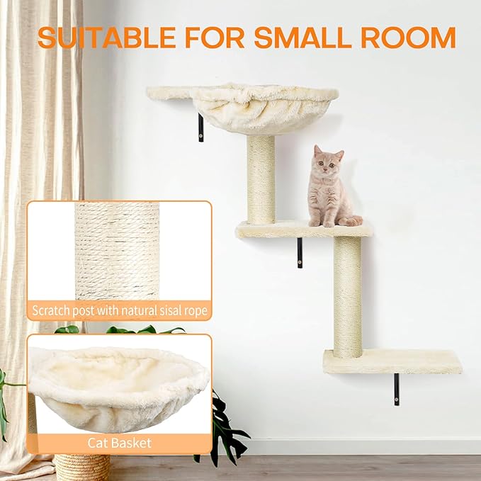 Cat Wall Shelves, Space-Saving Wall-Mounted Cat Climbing Set for Large Cats | Multi-Level Climbing System, Wall Furniture, Bed, Steps, Hammock, Wall Scratcher, Indoor Cat 40 lbs Small Place Corner Room