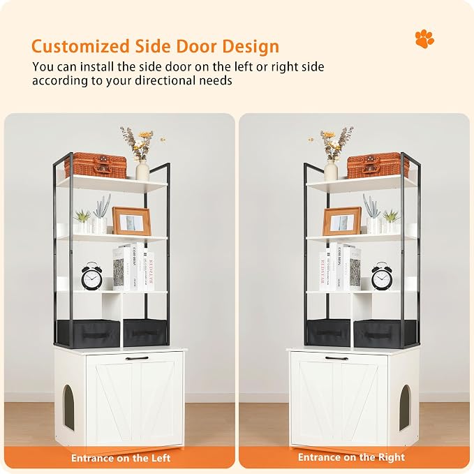 Dwanton Cat Litter Box Enclosure, 3 Storage Shelves and 2 Drawers, 61.8" H | 2-in-1 Hidden Cat Litter Box Enclosure Furniture with Shelf, Metal Frame, Reversible Entrance, Washable Drawers, White