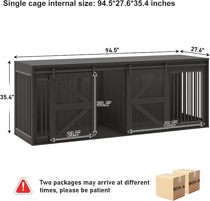 jiteentarou95In Farmhouse Dog Crate TV Stand, Wooden Dog Kennel Furniture with Sliding Metal Mesh Barn Door, Large Dog Crate Furniture for 2 Dogs, Solid Metal Tube & 2 Lockable Doors, Wood Grain Black