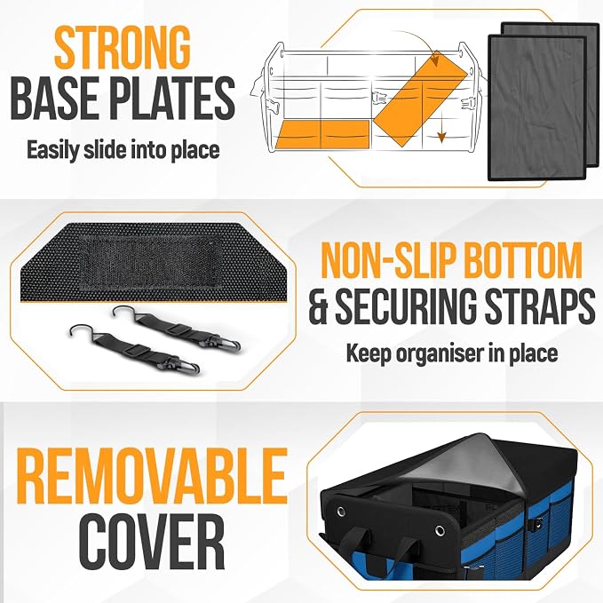 FORTEM Trunk Organizer - Collapsible Car Organizer & Storage Bag for SUVs | Car Accessories for Men & Women, Cooler Bag, Non Slip Bottom, Straps, Soft Cover, 1680D Oxford, 3 Compartments, Blue, 50L