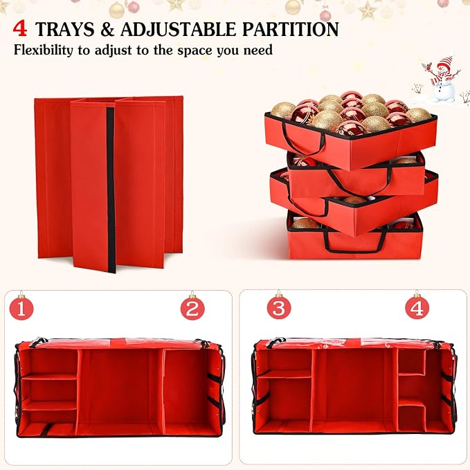 2-in-1 Christmas Ornament Storage Box & Xmas Figurine Container, Premium Christmas Ornament Storage Container - Holds Up to 64pcs-3” Ornaments, Adjustable Dividers, 4 Individual Trays -Red