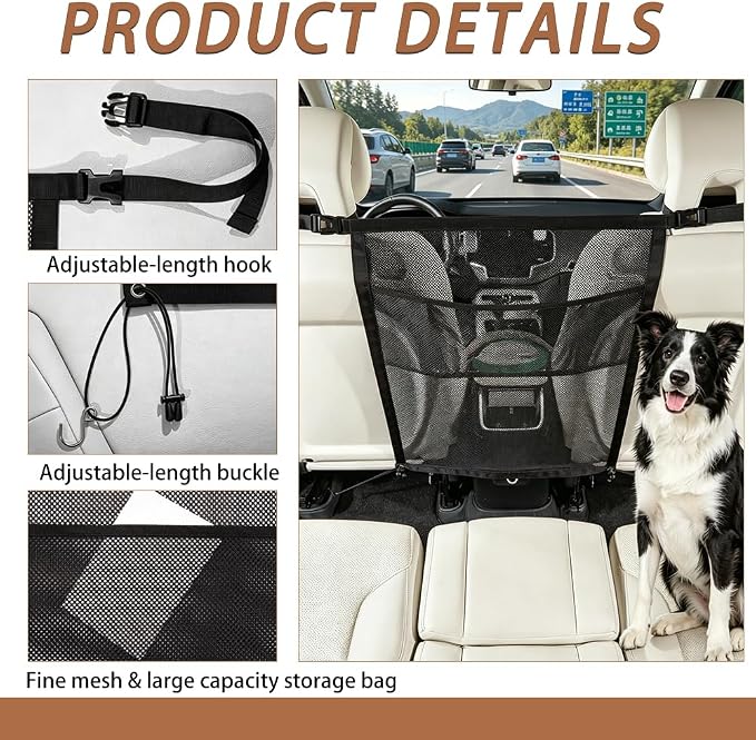 Dog Car Net Barrier, Dog Net for Car with Mesh Organizer | Universal Dog Car Barrier Fits Car/SUV/Truck/Van; Scratch-Resistant Mesh with Storage Pocket, Keeps Pets Safe in backseat