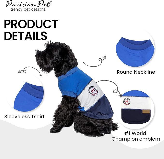 Parisian Pet World Champion Dog Tank Top - Breathable Cotton Pet Apparel - Blue Puppy Clothes - Lightweight Doggie T Shirts for Dogs - Comfortable Sporty Dog Clothes - Summer Shirts for Small Dogs