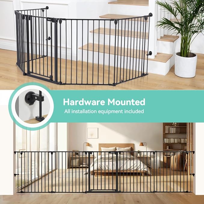 COMOMY 127.8" Extra Wide Baby Gate, Dog Gate for House Stairs Doorways | Auto Close Pet Gate with Door Walk Through, 5 Metal Panels, Hardware Mounted Baby Fence Indoor Outdoor(30" Tall,Black)
