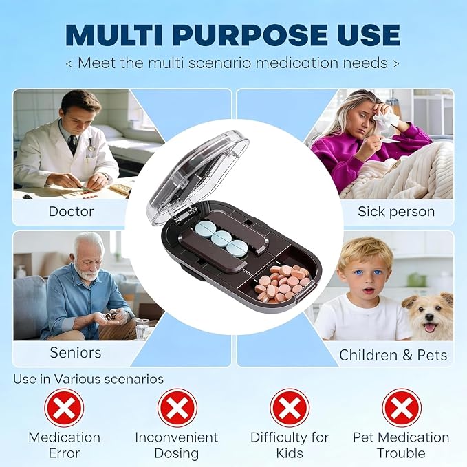 Precision Pill Cutter for Small and Tiny Pills, Sharp Blade with Storage Compartment, Travel-Friendly 1/2 1/3 Pill Splitter for Home/On-The-Go, Black