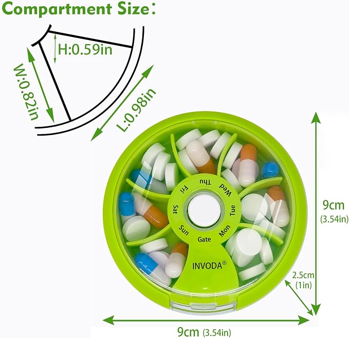 INVODA Weekly Pill Organizer 7 Compartment Rotating Pill Box for Daily | Cute Round Pill Organizer Fit purse pocket or backpack Portable Travel Pill Case for Fish Oil Supplements Vitamins Medication