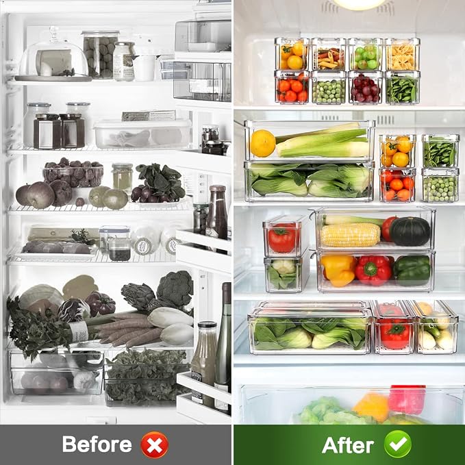 ZIJUND 14 Packs Fridge Organizers and Storage, Refrigerator Organizer Bins | Stackable BPA-Free Refrigerator Organizers and Storage Containers for Fruit, Vegetable, Food, Drinks, Cereals, Clear