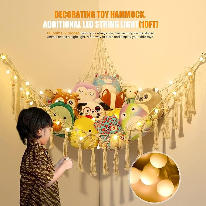 Stuffed Animal Storage Macrame Boho Plush Toy Net Hammock Room Decor | Stuffed Animals Hammock Plushie Net for Stuffed Animals Corner Hanging Holder Teddy Bear Net for Kids Girls Room Decor