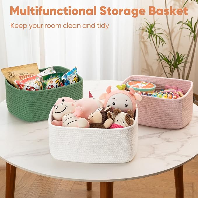 OIAHOMY 4 Pack 14.17 * 11.02 * 6.3IN Storage Baskets for Organizing Shelves, Woven Rope Baskets for Organizing Books, Clothes, Decorative Basket for Living Room, Nursery, Bedroom, Gift Basket, White
