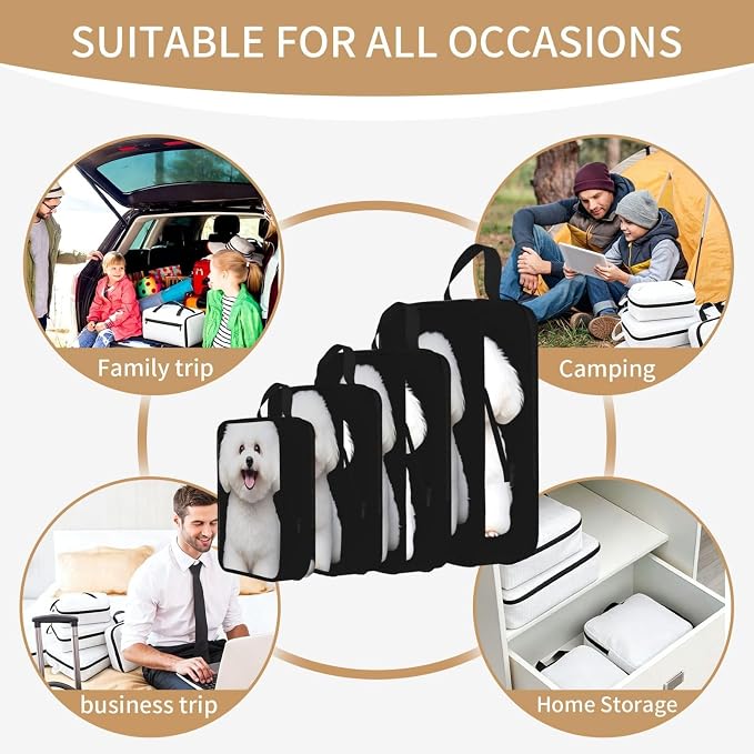 Bichon Frise Puppy Compression Packing Cubes Set Of 4, Lightweight Expandable Travel Organizer Bags With Double Zipper For Vacation Business