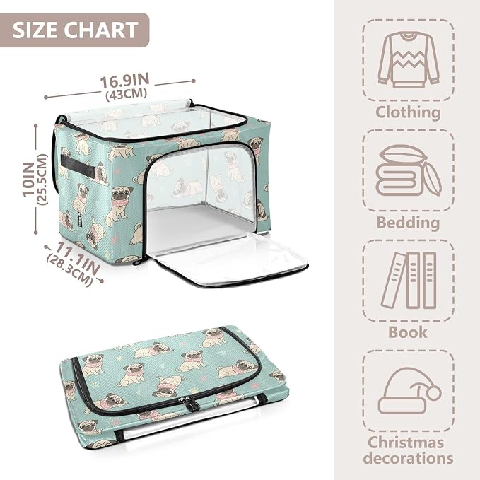 Cute Pets Pug Teal print Under Bed Storage Containers with Double Zipper Openings, Foldable Clothes Storage Bins with Clear Window and Handles for Comforters Bedding Blankets