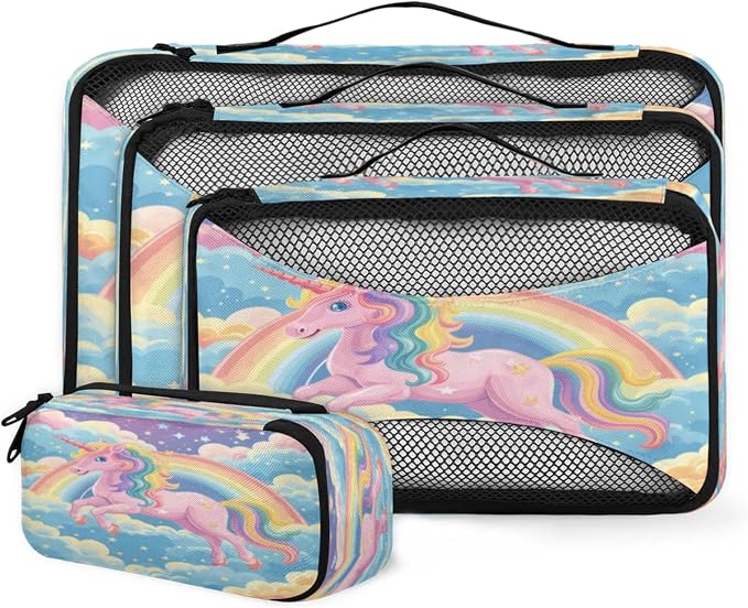 4 Set Packing Cubes for Travel, Rainbow Unicorn Packing Cubes for Women, Travel Luggage Packing Organizers, Packing Cube Set, Unicorn Cartoon