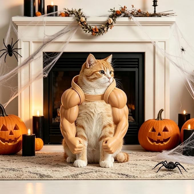 Cat Muscle Arms Pet Costume, Funny 3D Printed Buff Design, Lightweight Adjustable Neck Hanging Shoulder Outfit with Big Biceps Hands, Halloween Cosplay Photo Prop for Cats & Small Dogs, Small
