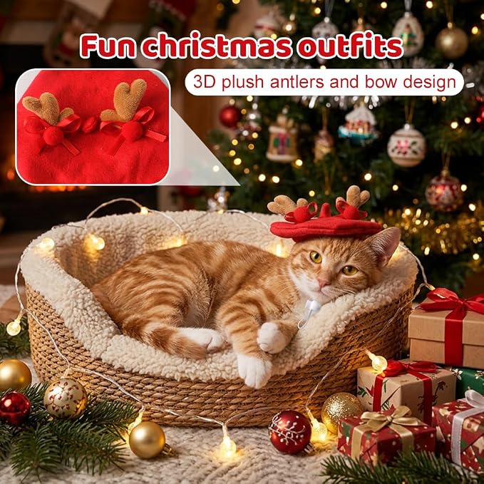 Christmas Pet Antlers Beret, Christmas Cat Reindeer Hat | 3D Plush Antlers and Bow Design, Comfortable Skin-Friendly, Flexible Adjustment, Easy Maintenance and Storage for Cats Dogs