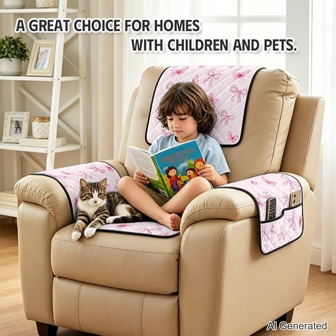 Pink Bow Recliner Slip Covers that Stay in Place 4 Piece | Quilted Recliner Chair Covers with Arms Stain Resistant Recliner Cover for Reclining Sofa Armchair,Non-Slip