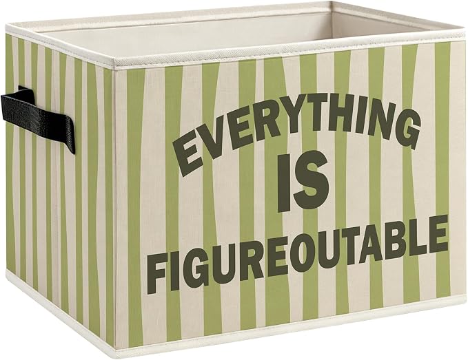Inspirational Everything Is Figureoutable Foldable Storage Bins Box with Handles, Motivational Retro Green Striped Decorative Storage Boxes Baskets Toybox Organizer for Bedroom Bathroom