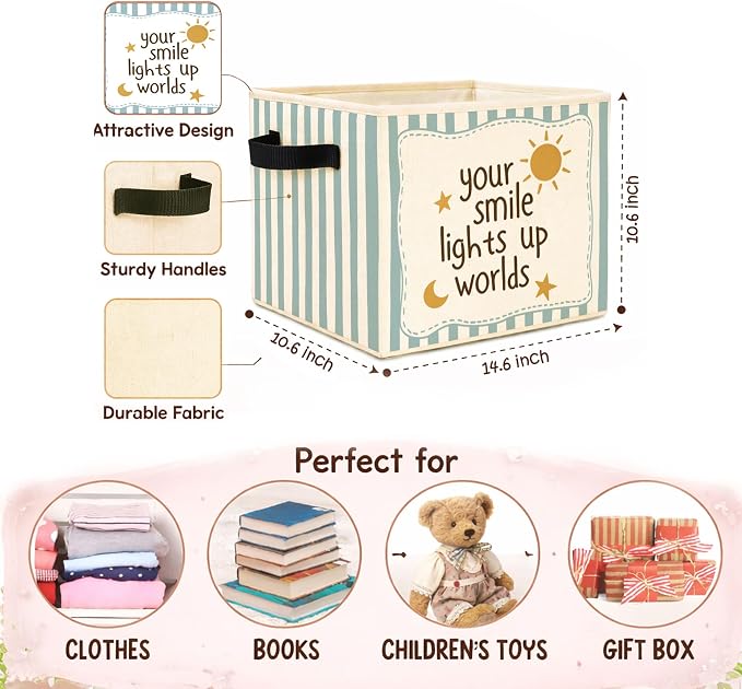 Smile Quote Storage Bin, Foldable Fabric Basket for Kids Room Classroom | Foldable fabric storage bin with smile quote design for toys, books, clothes, nursery, classroom, and playroom use.