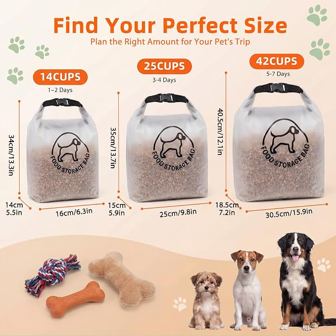 Dog Food Travel Bag, Reusable Silicone Pet Food Storage Container, Leakproof & Airtight Kibble Storage with Roll-Top Closure for Camping, Hiking & Road Trips,25 Cups