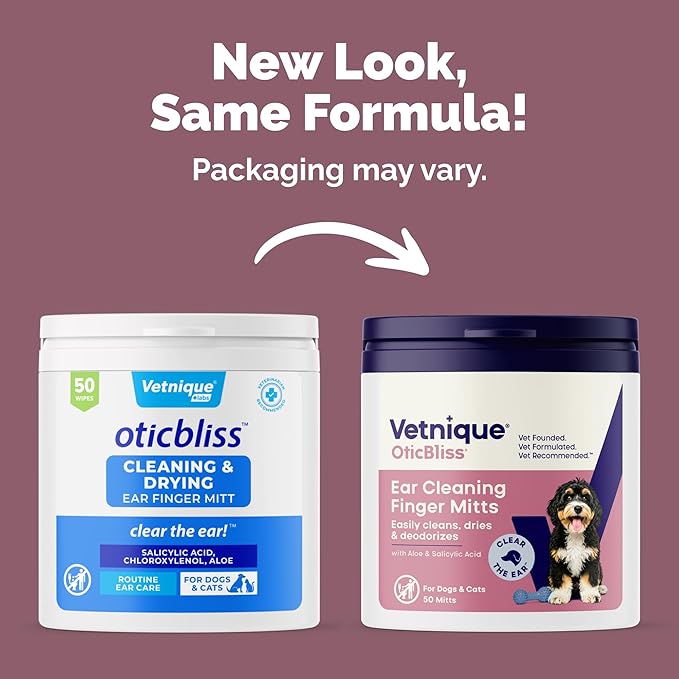 Vetnique Oticbliss Cat & Dog Ear Wipes - Dog Ear Infection Wipes or Dog Ear Cleaner Wipes for Dirty, Waxy, Smelly Ears, Odor Control with Aloe Vera & Salicylic Acid (Fingermitt Ear Wipes (50ct))
