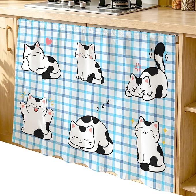 Cute Cat Cabinet Dishwasher Hidden Curtains, Privacy Closet Door Curtain, Modern Playful Pet Cats Blue Purple Plaid Adhesive Dust Proof Under Sink Skirt for Bathroom Kitchen 35"x35"