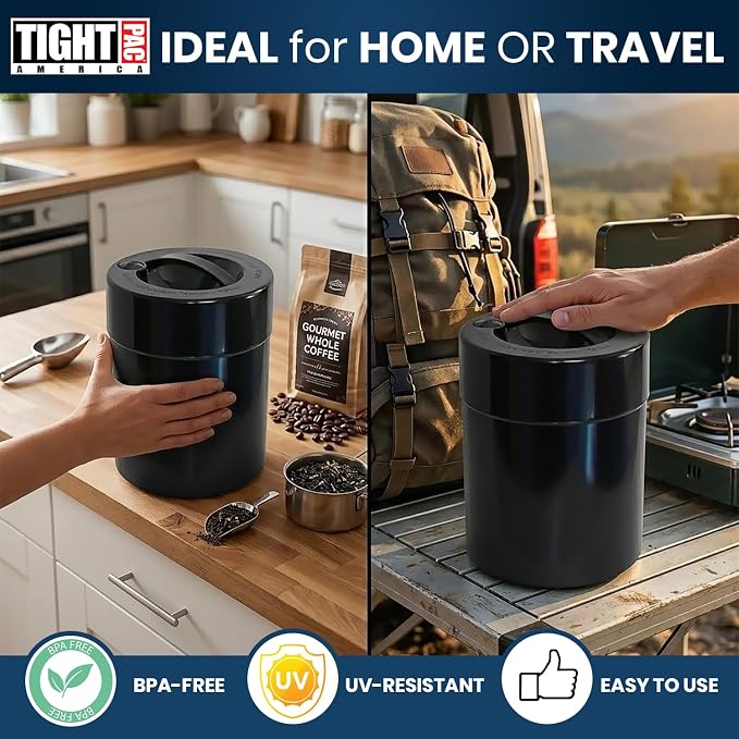 Tightpac Kilovac Airtight Coffee Container – Multi-Use Vacuum Container for Coffee Bean Storage, Grounds & Bulk Dry Goods – 2.5 lbs / 40 oz / 3.8L, Wide-Mouth, Patented Vacuum Seal, Black