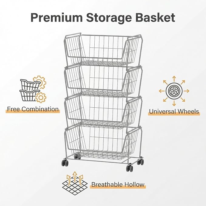PUSDON 4-Tier Large Stackable Wire Storage Baskets with Wheels, Metal Rolling Utility Cart Organizer, Fruit and Vegetable Produce Basket for Kitchen Pantry, Bathroom Floor Shelf, Silver Grey