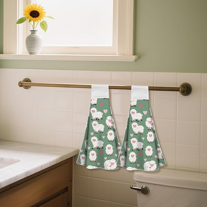 CUTHOLLOW Sheep and Loving Heart Hanging Kitchen Towels with Loop, Set of 2 - Soft & Super Absorbent Microfiber Decorative Hanging Dish & Hand Towel, Tea Coffee Towel for Kitchen Bathroom Oven Handle