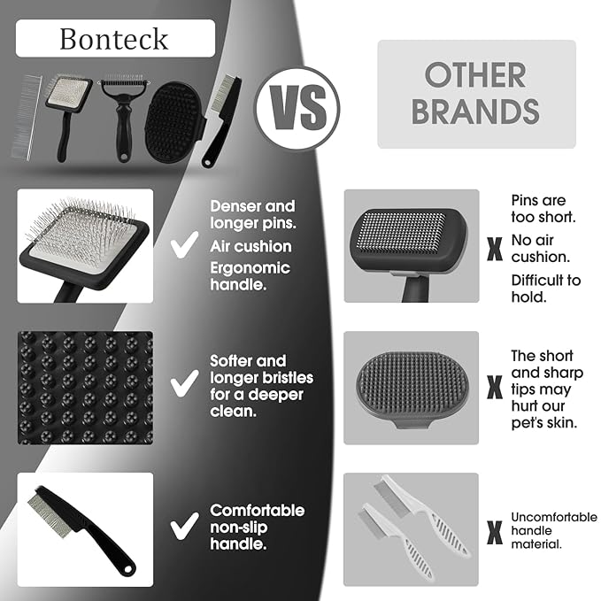 Bonteck Dog Slicker Brush for Dogs Grooming Kit 4PCS | Large Dog Brush for Goldendoodles Poodles Doodles | Long Pin Haired Brush | Poodle Brushes and Comb (Black)
