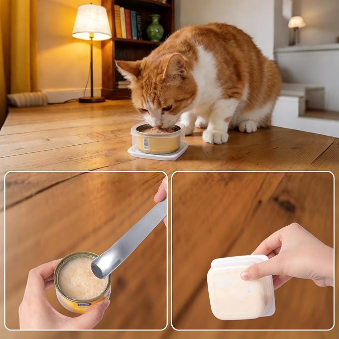 8Pack Canned Cat Food Storage Container for 3oz Cat Cans, Transparent Plastic Pet Food Sealer with Can Cover Lids and Stainless Steel Spoon for 2.56''/65mm Small Cans Keep Fresh