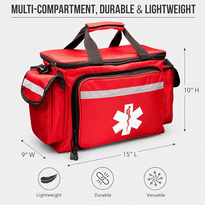 NOVAMEDIC Professional Red Empty Trauma First Aid Medical Bag, 15"x10"x9", Multi Compartment First Responder Carrier for EMT, Paramedics, Emergency and Medical Supplies Kit