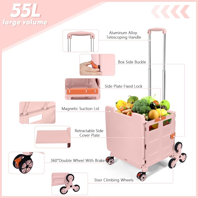 Foldable Utility Cart with Stair Climbing Wheels,Collapsible Rolling Crate with Magnetic Lid Telescopic Cover,Telescoping Handle,360° Rotate Wheel Hand Cart for Teacher Shopping Moving Grocery(Pink)