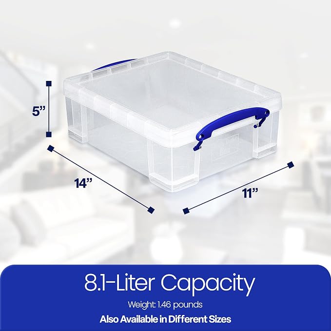 Really Useful Box Stackable 8.1L Plastic Storage Container, 5 Pack | Bin with Snap Lid & Built-In Clip Lock Handles for Home & Office Organization