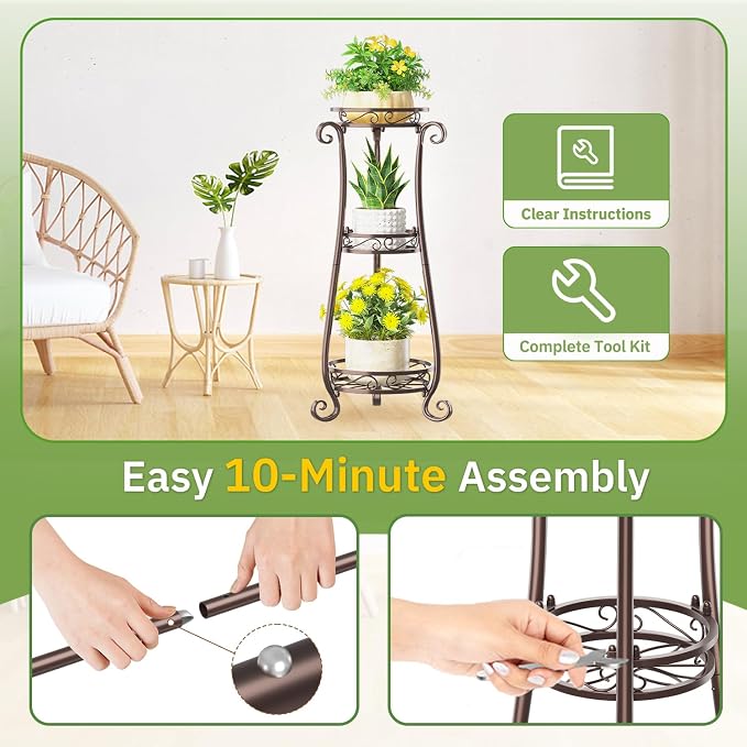 KMOTASUO 3 Tier Metal Plant Stand Tall for Indoor Outdoor Corner, Bronze | Heavy Duty Flower Holder Rack, Modern Vertical Iron Shelf for Patio Bathroom Office Garden