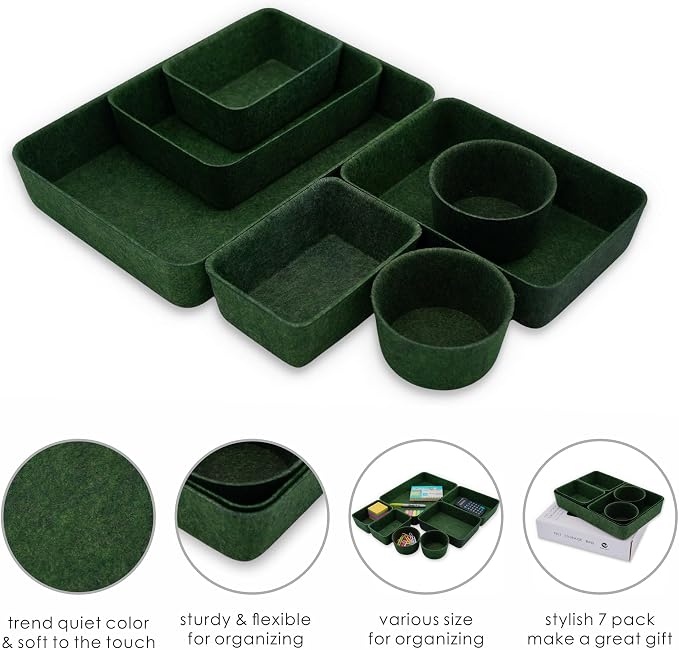 Welaxy Felt Desk Drawer Organizer Tray 7pc Storage Bin Minimal Forest Green