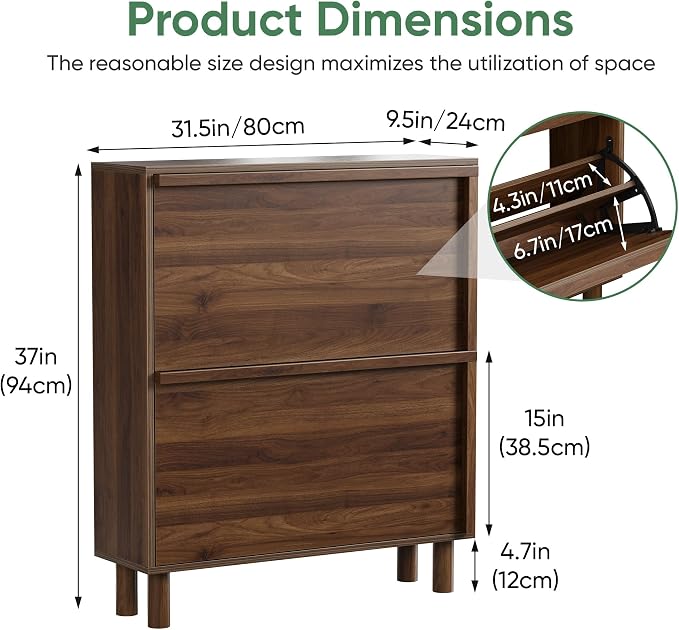 Shoe Storage Cabinet with 2 Flip Drawers, Slim Shoe Rack Cabinet with Integrated slant-grip handle, Narrow Shoe Cabinet Storage for Entryway Entrance, Freestanding Shoe Organizer Cabinet (Walnut)