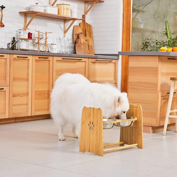 X-ZONE PET Elevated Dog Bowls for Cats and Dogs, Adjustable Bamboo Raised Dog Bowls for Large Dog, Food and Water Stand Feeder with 2 Stainless Steel Anti Slip Feet (Height 7.9" to 11.4" to 15")…