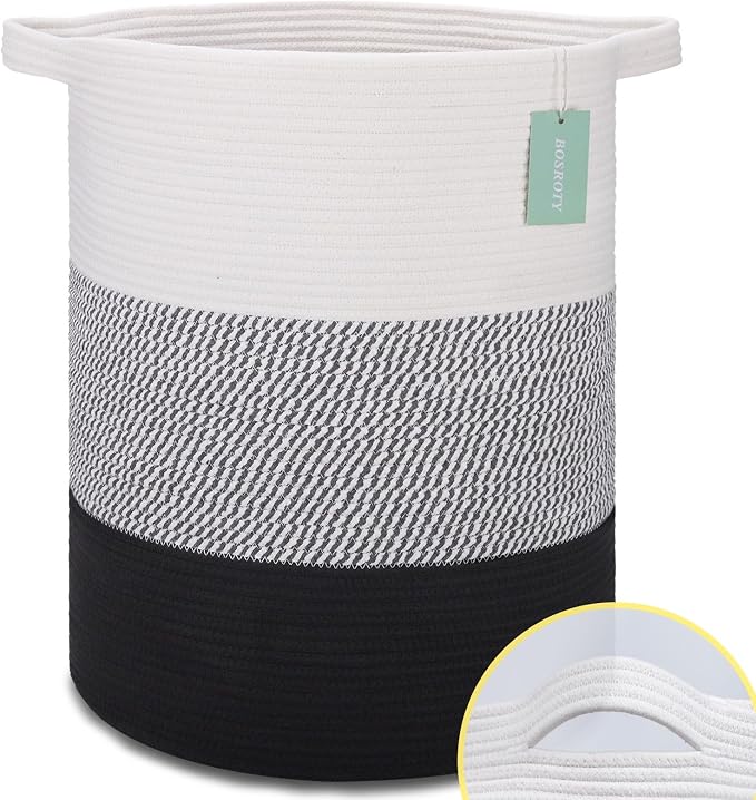 Cotton Rope Blanket Basket, 72L Laundry Hamper, White& Gray& Black