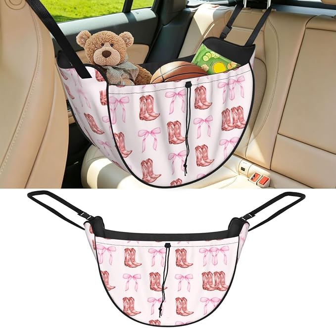 Fresh Pink Cowboy Boots Bows Car Seat Organizer Backseat Storage Bag, Large Waterproof Vehicle Organizer With Adjustable Straps For Gear Essentials, Fits Most Cars