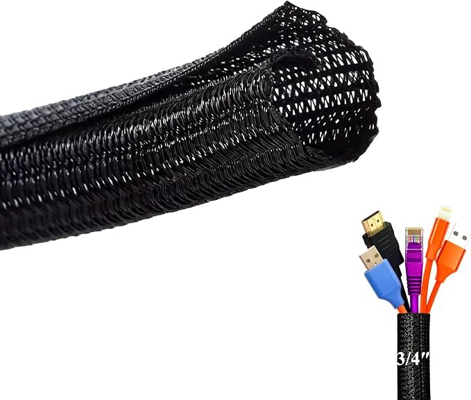 3/4" Split Wire Loom Cable Sleeve Wire Cover Wrap Protector Cord Management | Black 10ft Reusable Wire Organizer Flexible Abrasion Resistance Cable Protection for DIY Car Computer Pet Cat Dog Chew