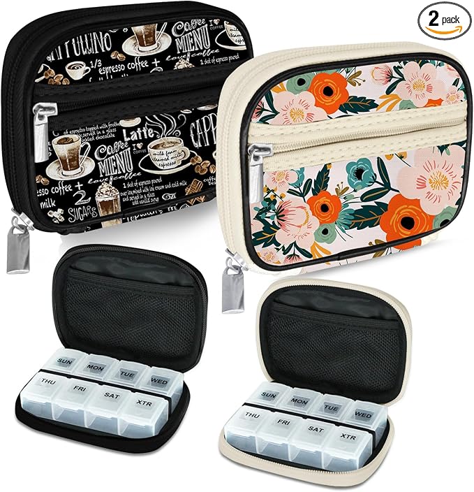 Serfeymi Weekly Travel Pill Organizer Pill Case for Purse with Removable 7 Day Pill Box, Fashionable Travel Medicine Organizer Pill Container for Medicine, Vitamin, Supplement - Black 02 + Bloom 01