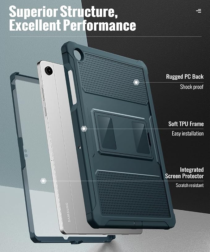 MoKo Shockproof Case Fit Samsung Galaxy Tab A11+ Plus/ A9+ 11 Inch | Full Body Rugged Stand Back Cover with Built-in Screen Protector for Galaxy Tab A11+/ A9+ Tablet, Midnight Green
